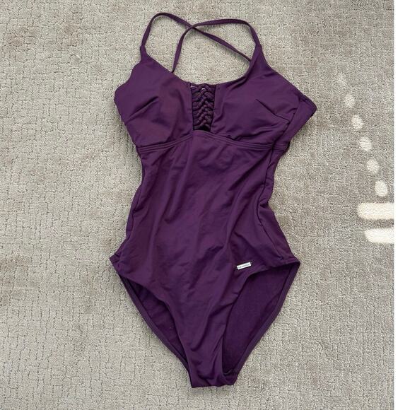Sunseeker Lace-Up Front Tie Back One Piece Swimsuit Purple 4 - Picture 1 of 5